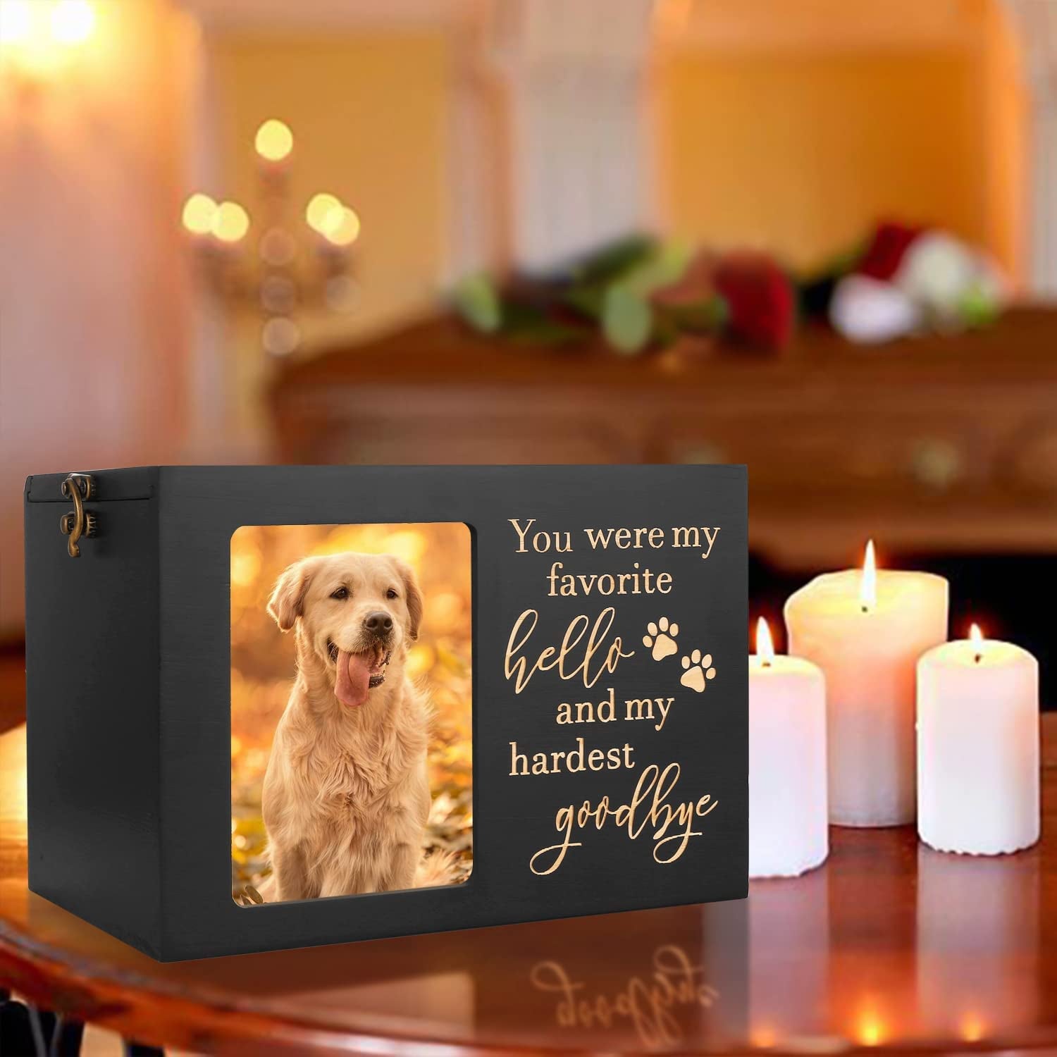 Pet Memorial Urns for Dog or Cat Ashes, Xlarge Wooden Funeral Cremation Urns with Photo Frame, Memorial Keepsake Memory Box with Black Flannel as Lining, Loss Pet Memorial Remembrance Gift