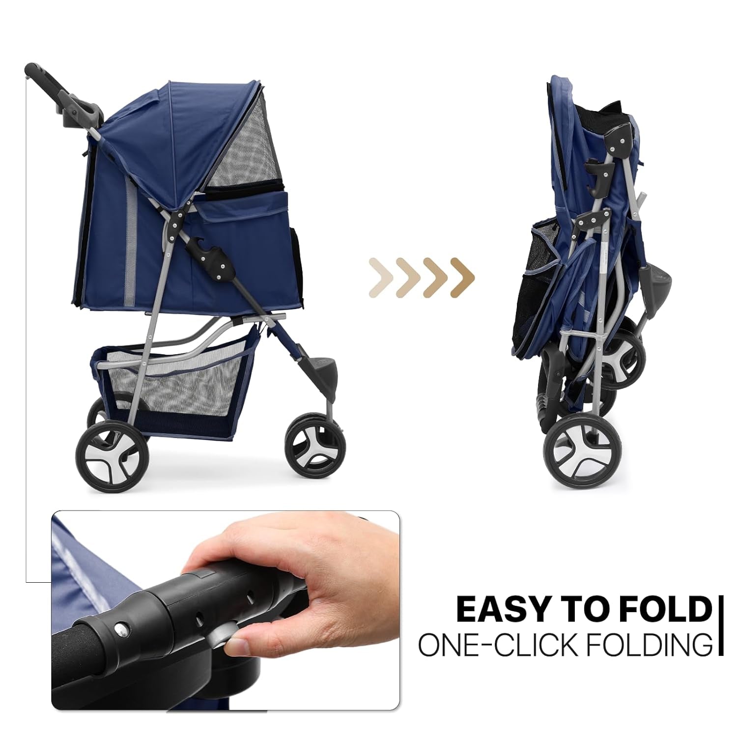 Monibloom Foldable Dog Strollers for Small Dogs with Weather Cover, 3 Wheels Pet Strolling Cart for Dogs and Cats with Storage Basket and Cup Holder, Breathable and Visible Mesh for All-Season, Coffee