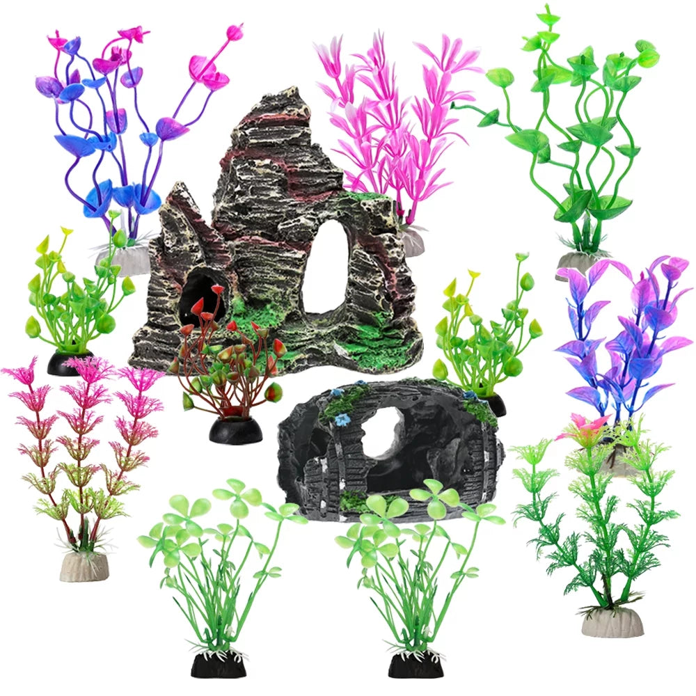 Greenjoy Fish Tank Accessories Aquarium Decorations Rock Plants - 13 Packs Fish Tank Decor Set, Rocks, Plastic Plants Material, Resin Broken Barrel, Fish Cave and Hideout Ornaments Small