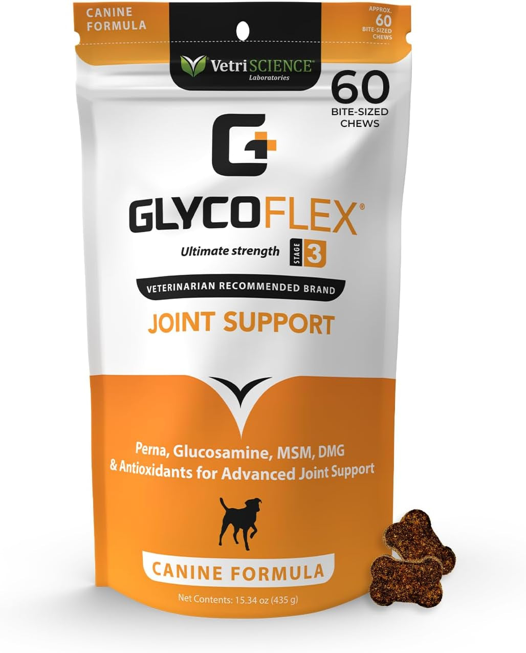 Vetriscience Glycoflex 3 Clinically Proven Hip and Joint Supplement for Dogs - Maximum Strength Dog Supplement with Glucosamine, MSM, Green Lipped Mussel & DMG - 60 Chews, Chicken Flavor​