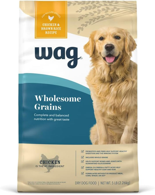 Amazon Brand – Wag Dry Dog Food, Chicken and Brown Rice, 5 Lb Bag (Pack of 1)