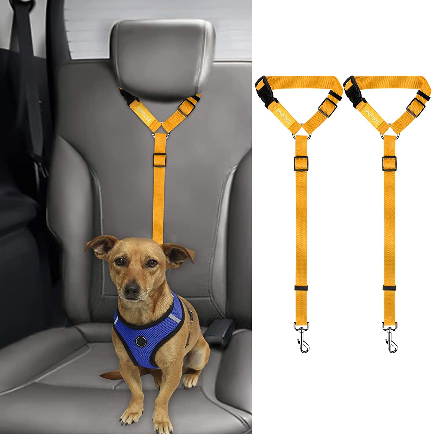 BWOGUE 2 Packs Dog Cat Safety Seat Belt Strap Car Headrest Restraint Adjustable Nylon Fabric Dog Restraints Vehicle Seatbelts Harness Yellow