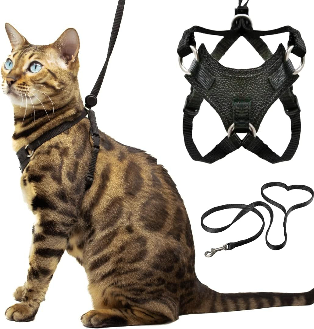 Houdini™ Vegan Leather Escape Resistant Cat Harness and Leash Set - by Outdoorbengal for Walking Cats (M)