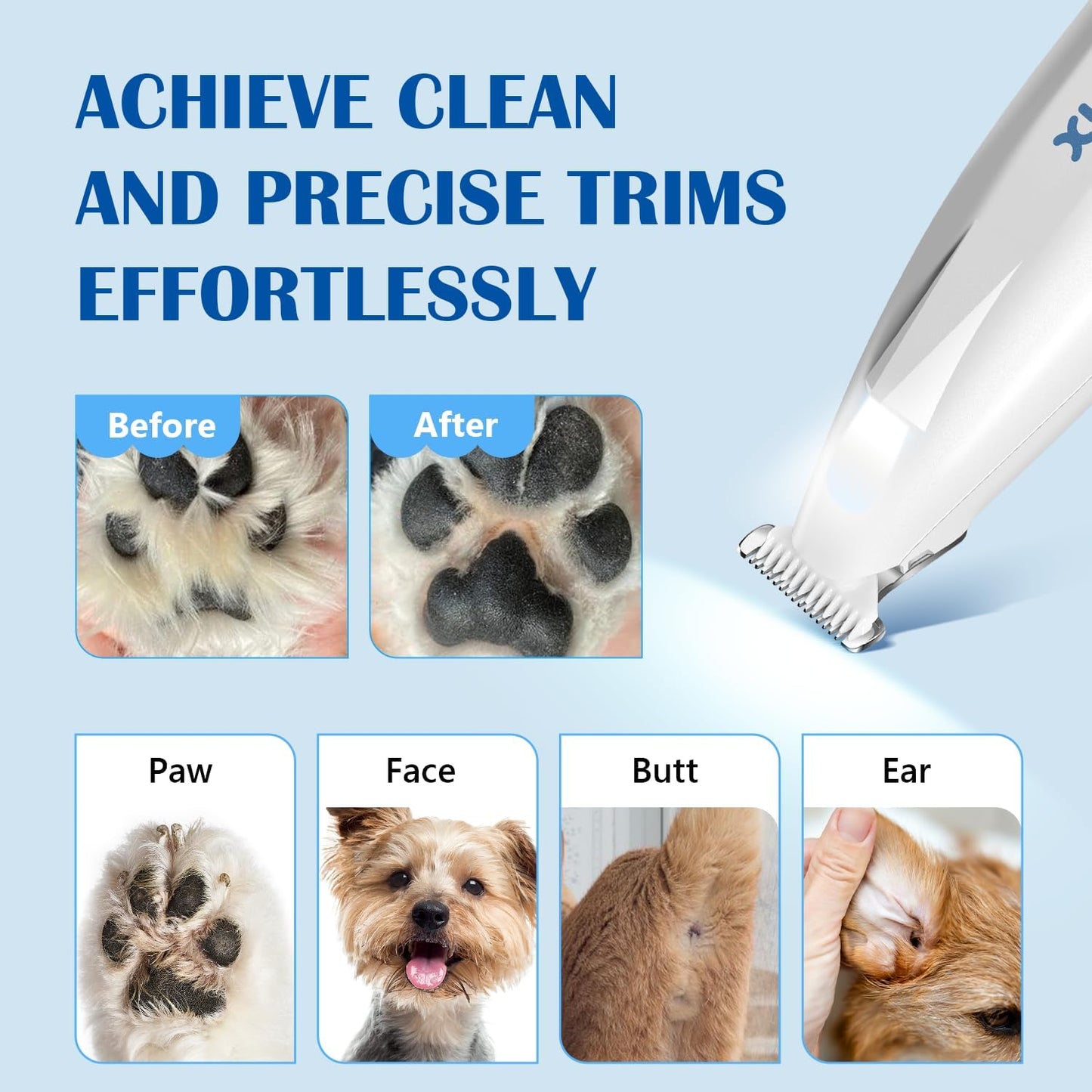 Dog Paw Trimmer with LED Light, 18 mm Widen Blade, Low Noise Dog Clippers for Grooming, Type-C Rechargeable Dog Grooming Clippers for Paws, Eyes, Ears, Face, Rump