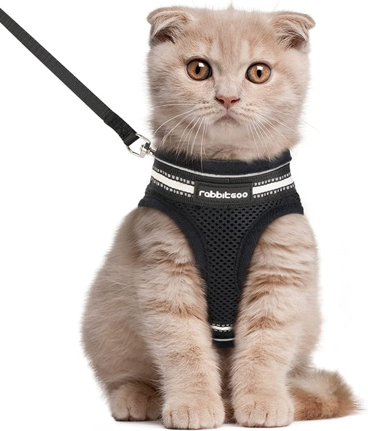 Rabbitgoo Cat Harness and Leash Set for Walking Escape Proof, Adjustable Soft Kittens Vest with Reflective Strip for Cats, Comfortable Outdoor Vest, Black, L