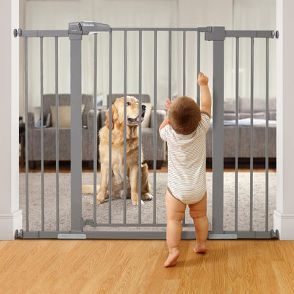 BABELIO 36 Inch Tall Metal Baby Gate, 29-48" Auto Close Pressure Mounted Dog Gate for Stairs、Doorways & Hallway, Protector Basics Easy Walk Thru Pet Gate, Child Gate with 4*Wall Cups,Gray