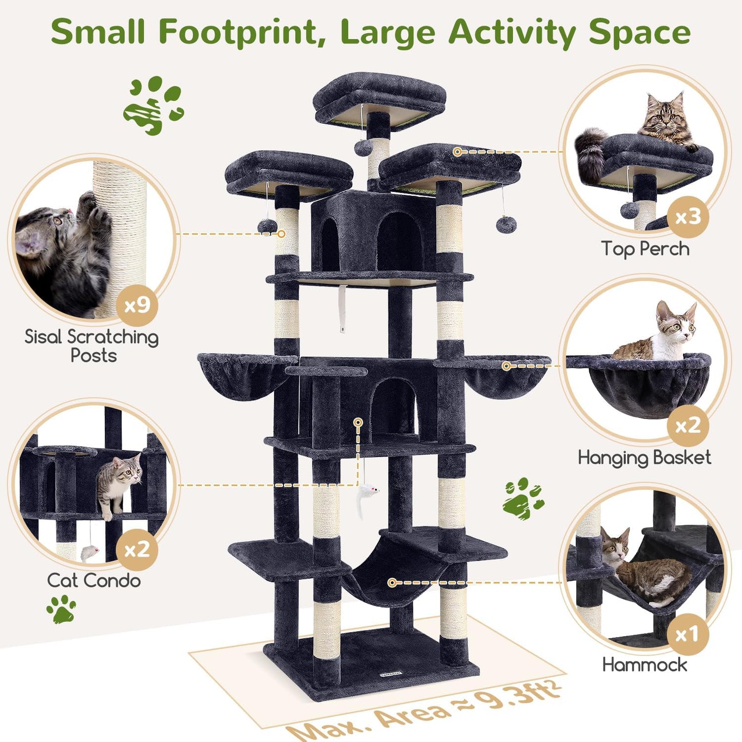 F80 Big Cat Tree, 80Inch Cat Tower for Indoor Cats Multiple Adult Cats XXL Cat Tree Large Cat Tower with Scratching Post, Hammock, 3 Perches, 2 Condos, 2 Hanging Basket, Dark Grey