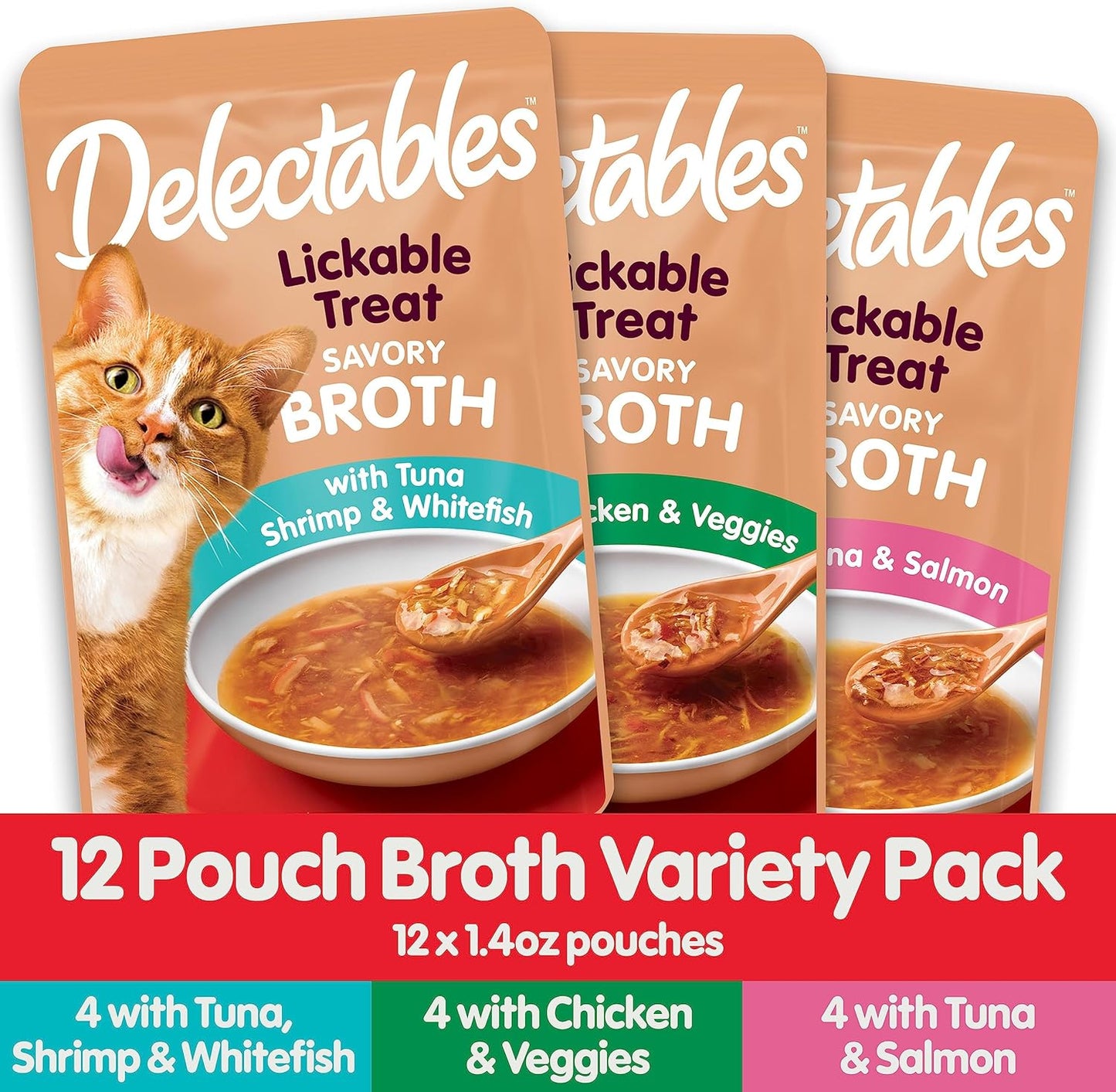 Hartz Delectables Savory Broths Tuna & Salmon Lickable Wet Cat Treats, 12 Count