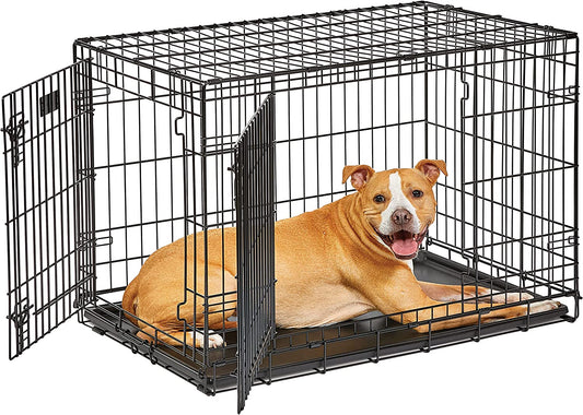 Midwest Homes for Pets Dog Crate Life Stages 36' Double Door Folding Metal Dog Crate | Divider Panel, Floor Protecting Feet, Leak-Proof Dog Pan | 35.63 in X 24.45 in X 21.93 in ,Intermediate Dog Breed