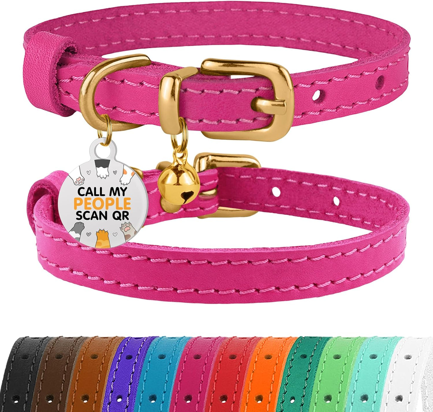 BRONZEDOG Leather Cat Collar with Bell Non Breakaway Kitten QR Tag for Girl Boy (9" - 12" Cats/Mini Dogs, Pink & Gold)