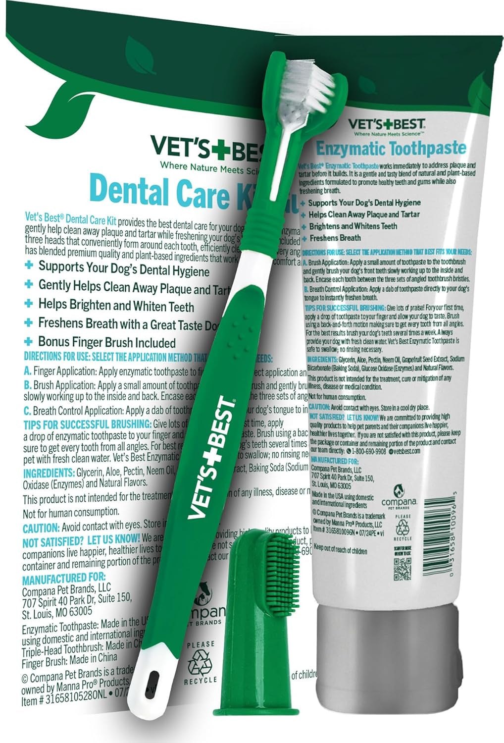 Vet's Best Dog Toothbrush & Enzymatic Toothpaste Kit - Teeth Cleaning - Made with Natural Ingredients - Reduces Plaque, Whitens Teeth, Freshens Breath - Bonus Care Guide & Finger Brush Included