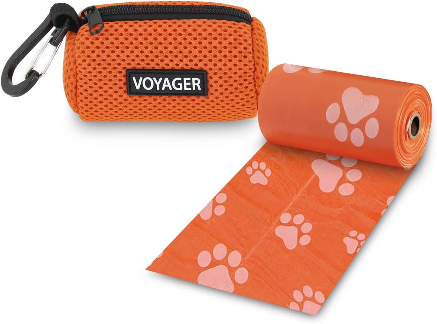 Best Pet Supplies Dog Poop Bag Holder Leash Attachment with 15 Bags, Orange, Reusable Mesh Dispenser Pouch for Travel, Walking, Park, and Outdoor Use, Soft and Durable with Clip-On