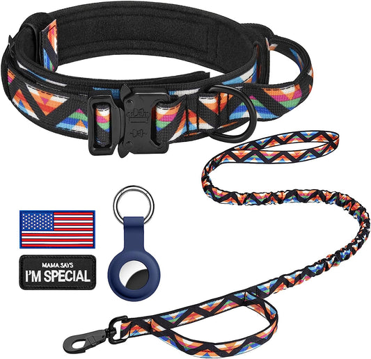 DAGANXI Tactical Dog Collar, Adjustable Military Training Nylon Dog Collar with Control Handle and Heavy Metal Buckle for Medium and Large Dogs, with Patches & Airtags Case (M, Colorful Triangle-Set)