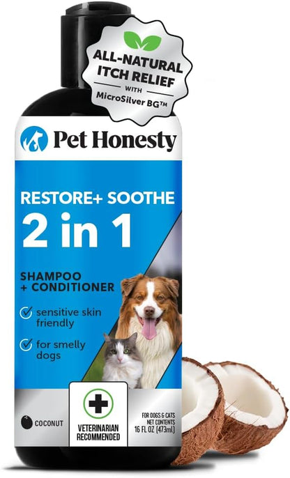 Pet Honesty Restore + Soothe 2 in 1 Shampoo + Conditioner for Sensitive Skin for Dogs & Cats - Dog Skin and Coat Supplement - Soothes Itching, Irritation and Hot Spots (Coconut) - 16Oz