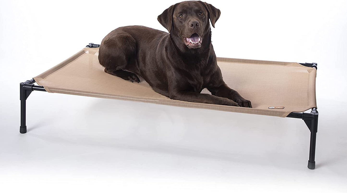 K&H Pet Products Elevated Outdoor Dog Cot Bed, Raised Cooling Bed with Washable Breathable Mesh for Large Dogs, Portable Raised Platform Pet Bed, Heavy Duty Metal Frame Hammock Bed, Large, Tan