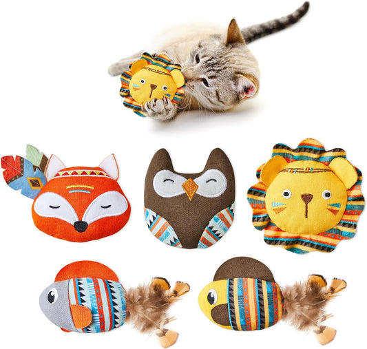 Potaroma Cat Toys Jungle Animals, 5 Pack Bite Resistant Catnip Toys, Interactive Cat Kicker Toys for Indoor Cats, Promotes Kitten Exercise, 3.5 Inches