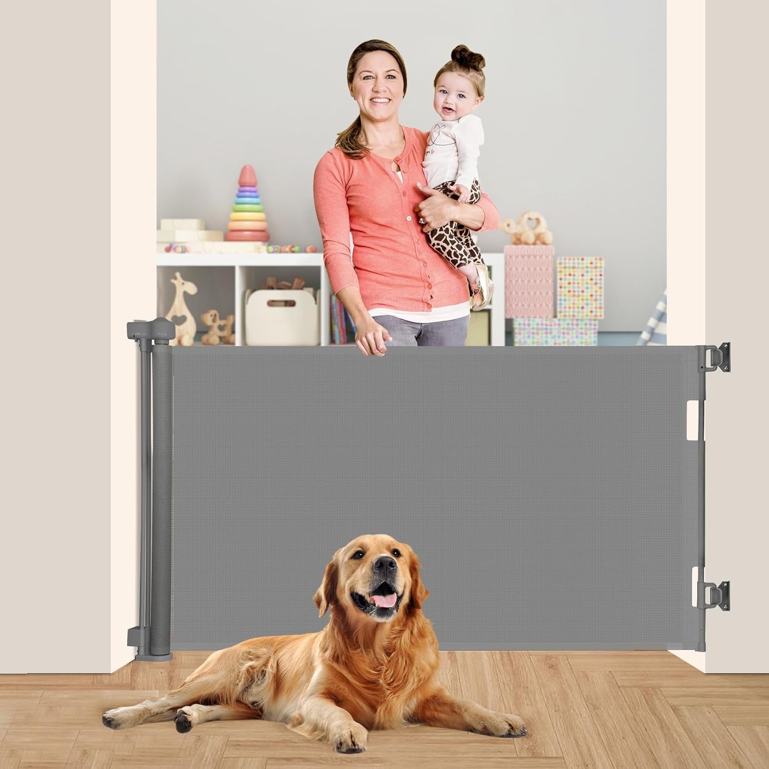 Upgrade 59" Retractable Baby Gate for Stairs,42" Tall Mesh Baby Gate or Mesh Dog Gate, 5 Foot Retractable Baby Gate, Child Safety Gate for Doorways, Stairs, Hallways, Indoor/Outdoor(Gray)