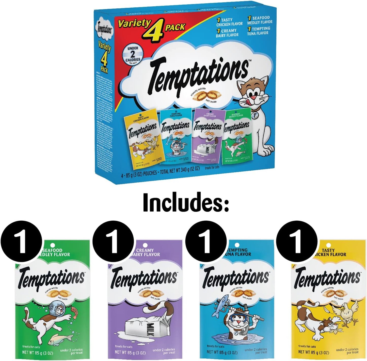 TEMPTATIONS Classic Crunchy and Soft Cat Treats Feline Favorite Variety Pack, 3 Oz. Pouches,4 Count