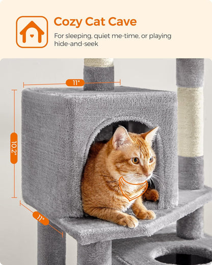 Feandrea Cat Tree, 61-Inch Cat Tower for Indoor Cats, Plush Multi-Level Cat Condo with 5 Scratching Posts, 2 Perches, 2 Caves, Hammock, 2 Pompoms, Light Gray UPCT192W01