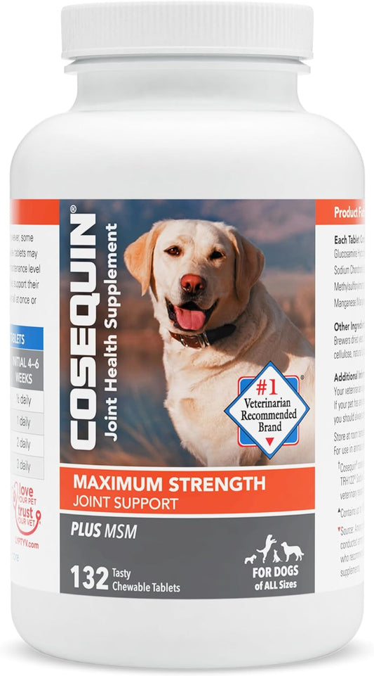 Nutramax Laboratories Cosequin Maximum Strength Joint Health Supplement for Dogs - with Glucosamine, Chondroitin, and MSM, 132 Chewable Tablets