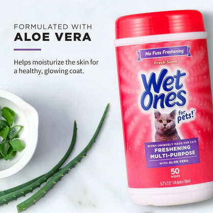 Wet Ones for Pets Freshening Multipurpose Wipes for Cats with Aloe Vera |Easy to Use Cat Cleaning Wipes, Freshening Cat Grooming Wipes for Pet Grooming in Fresh Scent|100 Ct Pouch Cat Wipes|12-Pack