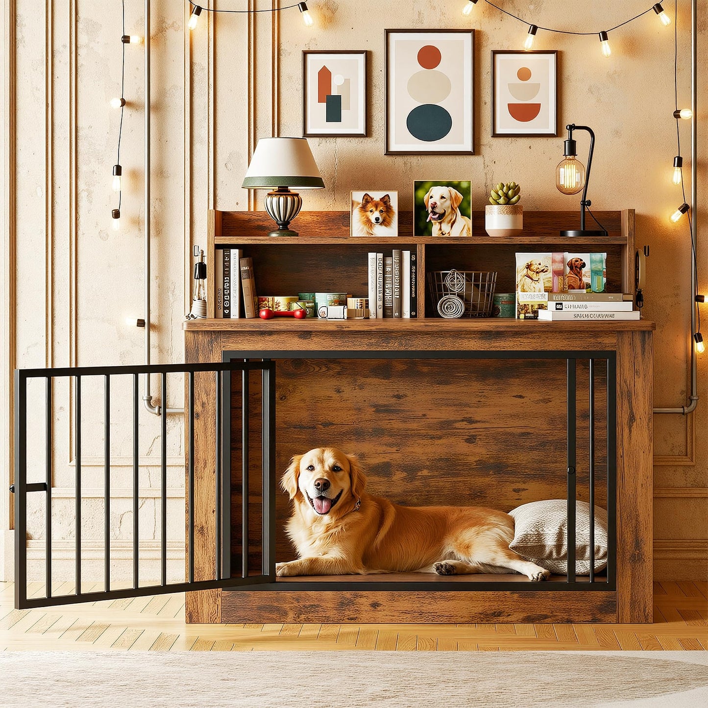 IRONCK Extra Large Dog Crate Furniture, 43.3 inches Wooden Dog Crate with Storage and 4 Hooks, Heavy Duty Pet Crate for Large Dog, Decorative Pet Cage for Indoor (30" L x 43.3" W x 41.1" H)