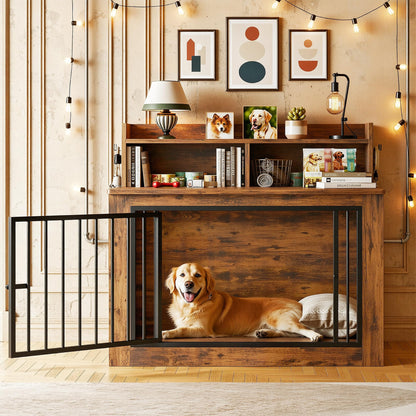 IRONCK Extra Large Dog Crate Furniture, 43.3 inches Wooden Dog Crate with Storage and 4 Hooks, Heavy Duty Pet Crate for Large Dog, Decorative Pet Cage for Indoor (30" L x 43.3" W x 41.1" H)