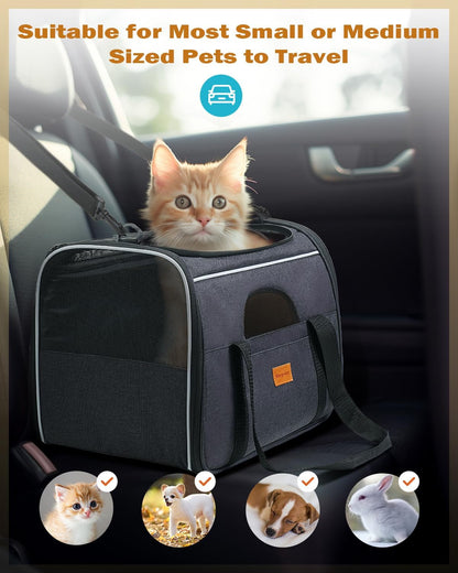 Morpilot Portable Cat Carrier - Soft Sided Cat Carrier for Medium Cats and Puppy up to 15Lbs, Pet Carrier with Locking Safety Zippers, Foldable Bowl, Airline Approved Travel Dog Carrier - Light Gray