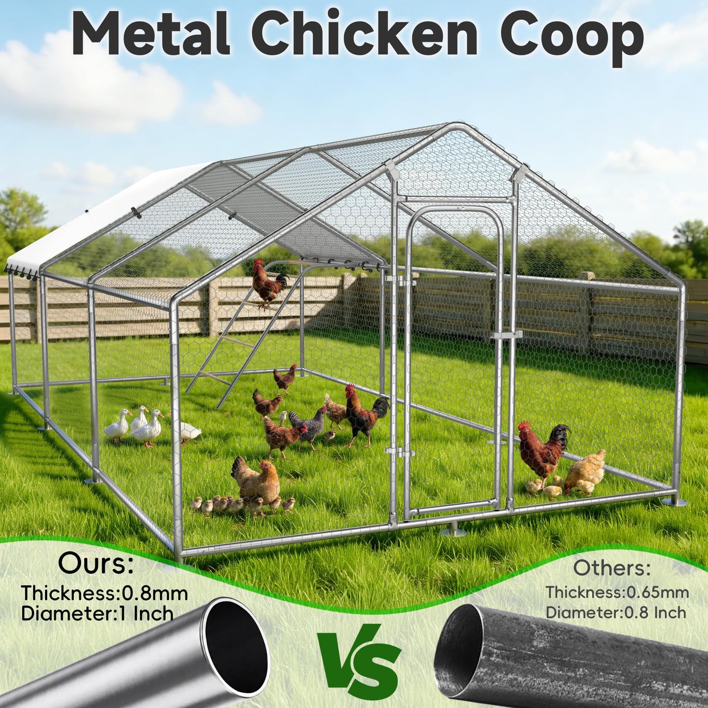 Large Metal Chicken Coop with Run for Yard with Waterproof &Anti-UV Cover,19.7 x 10 x 6.4ft Outdoor Walk-in Poultry Cage Chicken Run Pen with Roosting Perch, Hen Duck Rabbit House