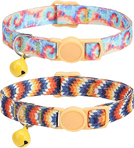 Cute Cat Collar for Girl Boy,Colorful Breakaway Cat Collars with Bell 2 Pack，Adjustable Printed Nylon with Safety Buckles Kitten Collar (Coloured Drawing)