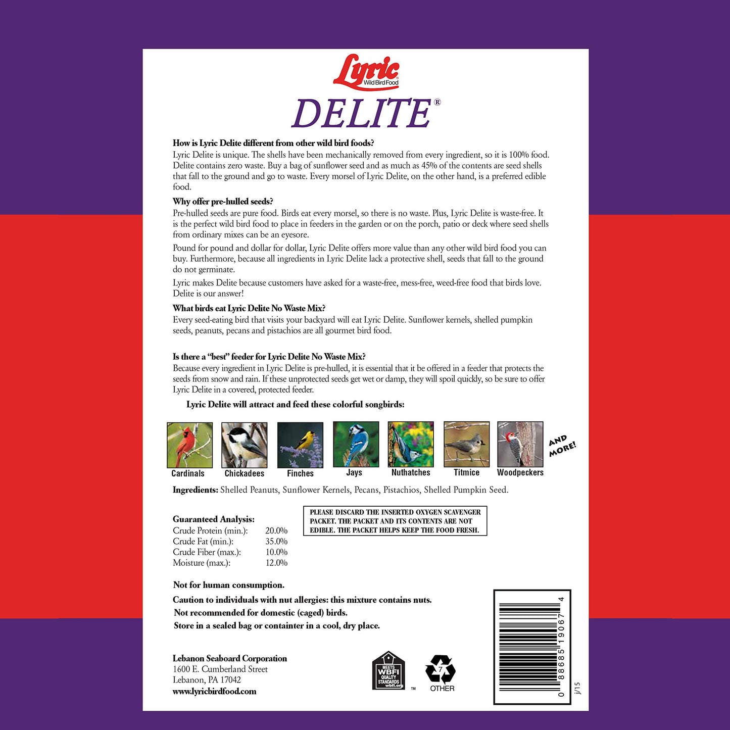 Lyric Delite Wild Bird Seed for Outside Feeders - No Waste Bird Food, Shell-Free Nuts & Seeds Mix, Attracts Buntings, Chickadees & Finches, 20 lb Bag
