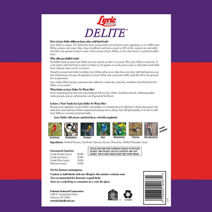 Lyric Delite Wild Bird Seed for Outside Feeders - No Waste Bird Food, Shell-Free Nuts & Seeds Mix, Attracts Buntings, Chickadees & Finches, 20 lb Bag