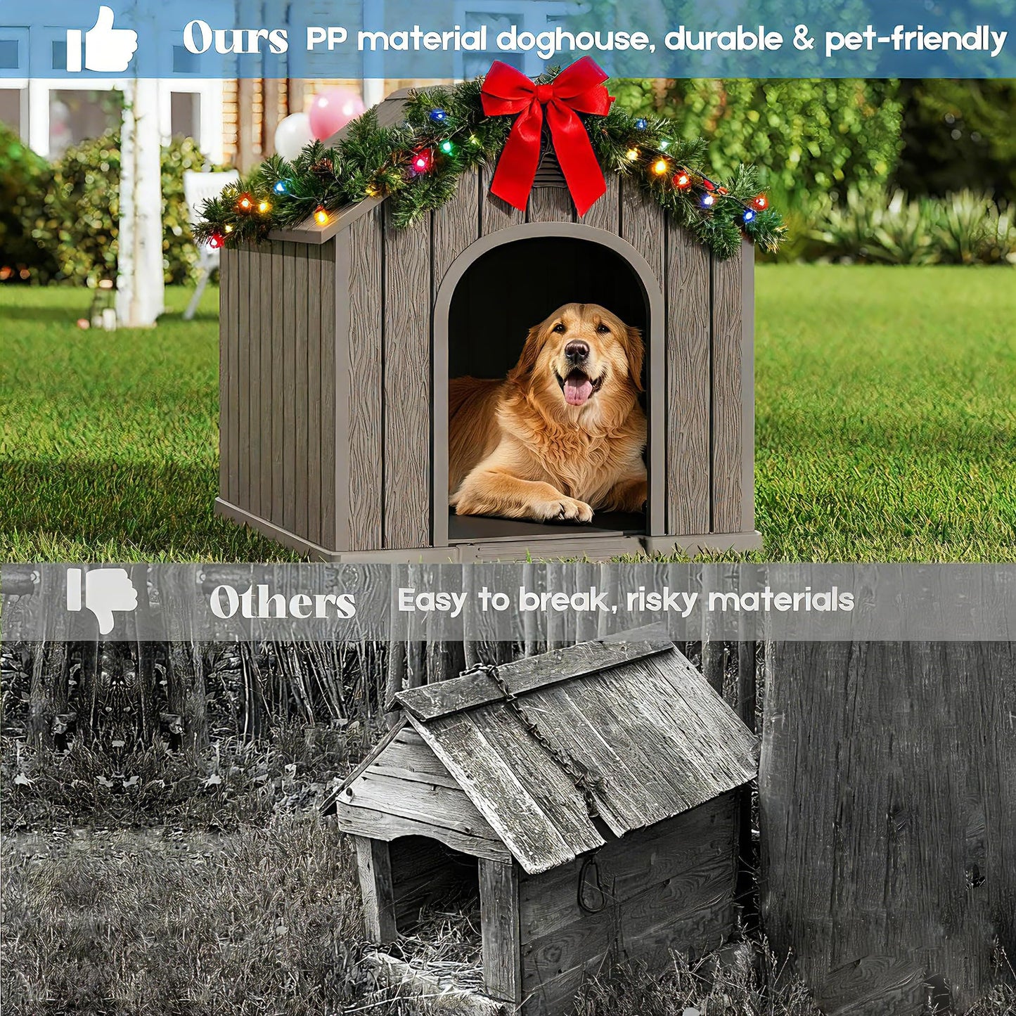 Fancyango Large Dog House Outdoor Indoor for Medium Large Dogs, Sturdy Plastic Waterproof Doghouse with Air Vents and Elevated Floor, Easy Clean and Assemble (Light Grey, 36.2''L×38''W×38''H)