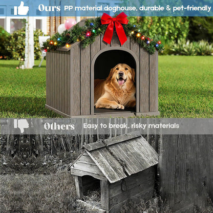 Fancyango Large Dog House Outdoor Indoor for Medium Large Dogs, Sturdy Plastic Waterproof Doghouse with Air Vents and Elevated Floor, Easy Clean and Assemble (Light Grey, 36.2''L×38''W×38''H)