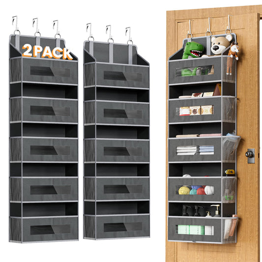 2 Packs 5-Tier Over the Door Organizer with 10 Side Mesh Pockets, 48 lbs Load Capacity, 3 Hooks Design, Hanging Storage Organizer with Clear Windows for Bathroom, Bedroom, Nursery, Kitchen-Grey