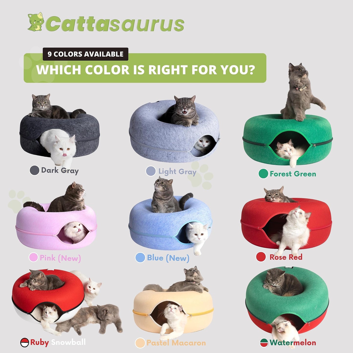 Cattasaurus Peekaboo Cat Cave Donut for Multiple & Large Cats up to 30-45 lbs, 3-in-1 Self Warming Cat Bed, Tunnel & Scratcher for Indoor Cats, Washable & Detachable Dog Bed (Pastel Macaron, Large)