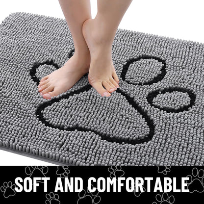 Smiry Dog Door Mat for Muddy Paws, Absorbent Dirt Trapper Non Slip Quick Dry Washable Chenille Mat for Mud Dogs, Entry Rug for Indoor and Outdoor (30x20 Inches, Grey and Black)