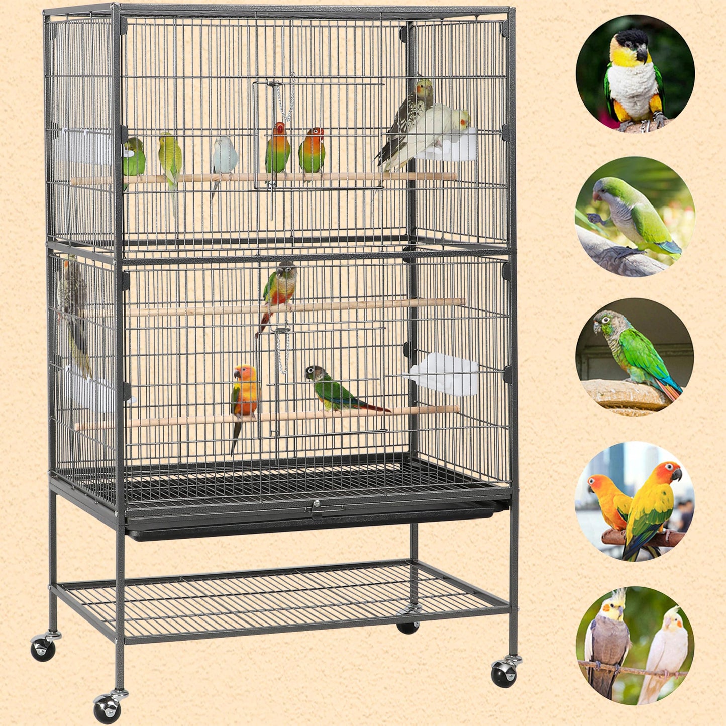 Yaheetech 52'' Bird cage w/Perches & Feeders, Large Birdcage with Pull-Out Tray, Rolling Wheels, Extra Storage, Flight Cage for Cockatiel, Parrot, Parakeet, Conure, Budgie, Pigeon Small/Medium Birds