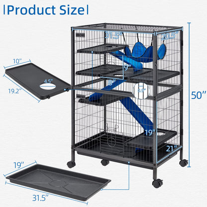 HABUTWAY 50''H Metal Small Animal Cages, Rolling Chinchilla Cage with Removable Ramps, Lagre Critter Nation Cage for Chinchillas/Guinea Pigs/Rabbit, Ferret Cages with Hammock & 5 Tiers, Black
