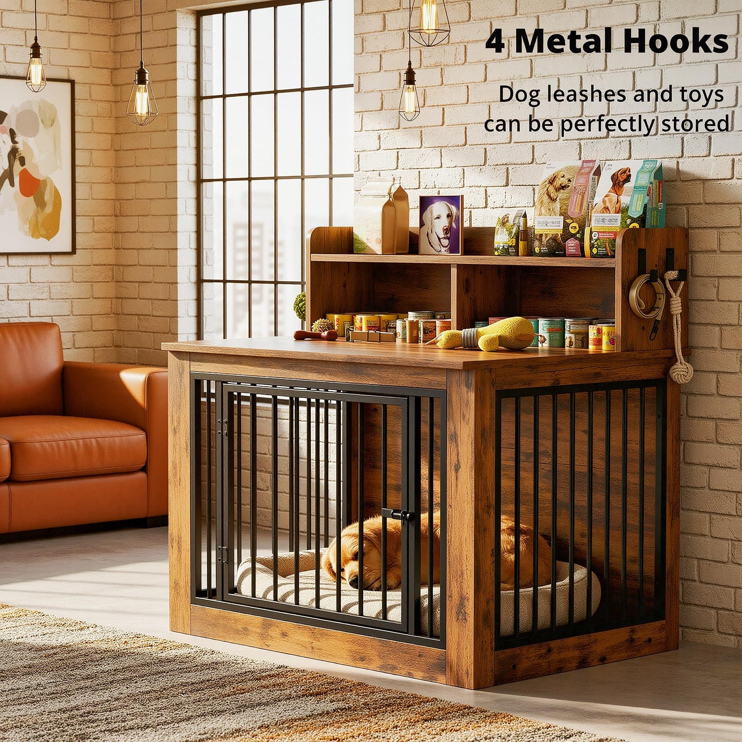 IRONCK Extra Large Dog Crate Furniture, 43.3 inches Wooden Dog Crate with Storage and 4 Hooks, Heavy Duty Pet Crate for Large Dog, Decorative Pet Cage for Indoor (30" L x 43.3" W x 41.1" H)