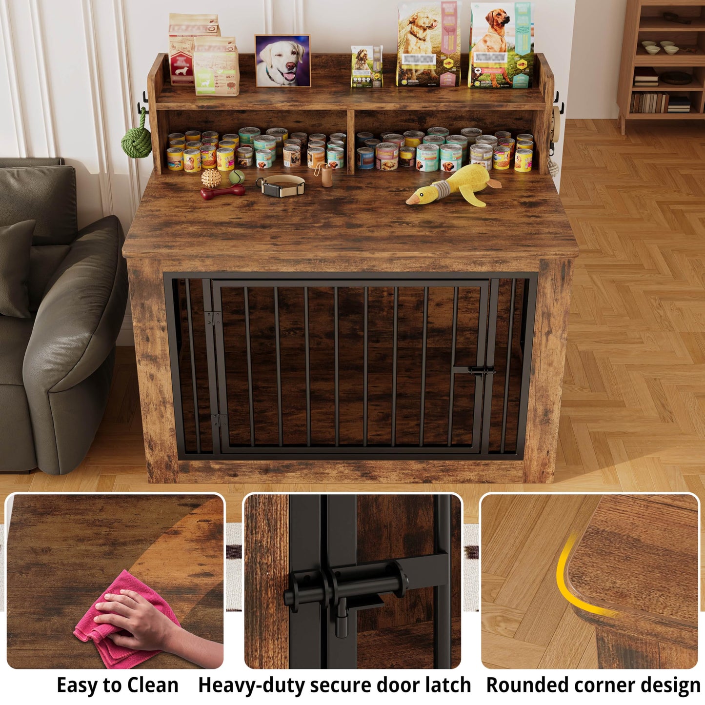 IRONCK Extra Large Dog Crate Furniture, 43.3 inches Wooden Dog Crate with Storage and 4 Hooks, Heavy Duty Pet Crate for Large Dog, Decorative Pet Cage for Indoor (30" L x 43.3" W x 41.1" H)