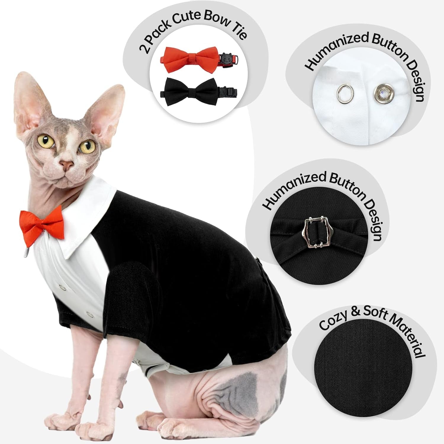 Bonaweite Hairless Cat Tuxedo Shirt，Cat Clothes for Cats Only Cat Wedding Outfit Suit with 2 Pcs Bow Tie,Kitten Formal Onesie Attire Costumes for Sphynx, Cornish Rex, Devon Rex, Peterbald