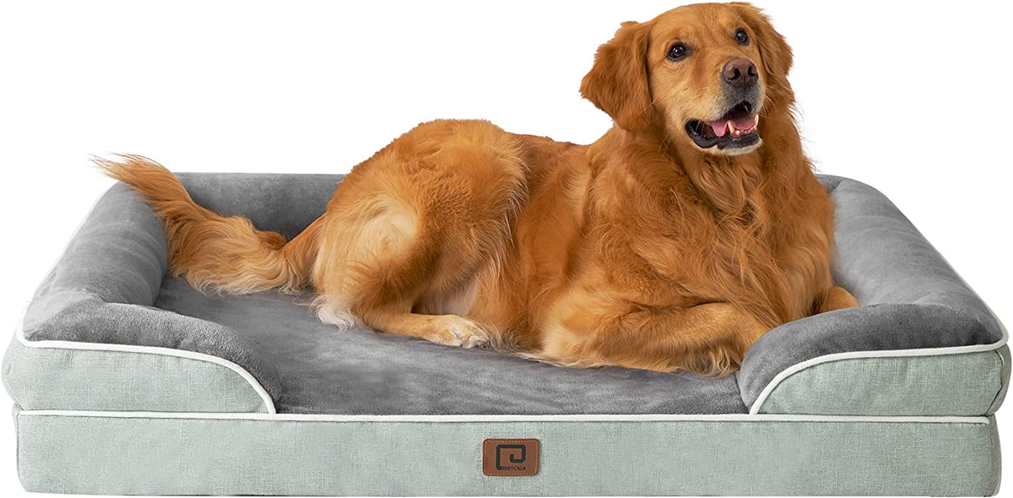 EHEYCIGA Orthopedic Dog Beds for Large Dogs, Waterproof Memory Foam Large Dog Bed with Sides, Non-Slip Bottom and Egg-Crate Foam Large Dog Couch Bed with Washable Removable Cover, Greyish Green