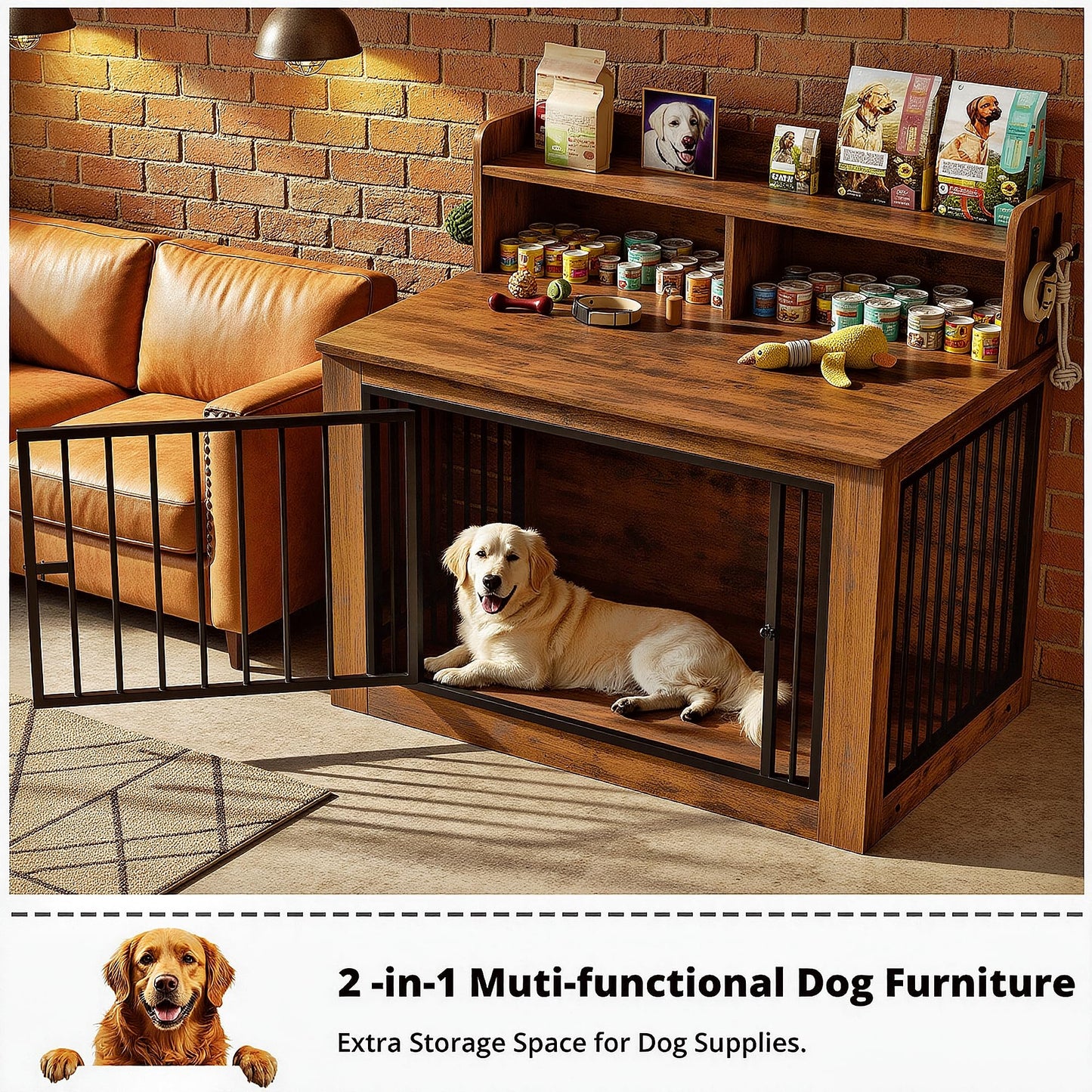 IRONCK Extra Large Dog Crate Furniture, 43.3 inches Wooden Dog Crate with Storage and 4 Hooks, Heavy Duty Pet Crate for Large Dog, Decorative Pet Cage for Indoor (30" L x 43.3" W x 41.1" H)