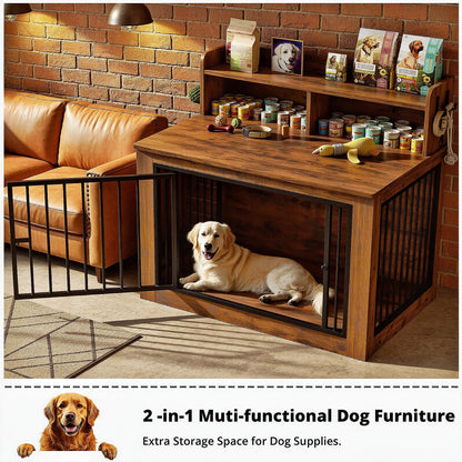 IRONCK Extra Large Dog Crate Furniture, 43.3 inches Wooden Dog Crate with Storage and 4 Hooks, Heavy Duty Pet Crate for Large Dog, Decorative Pet Cage for Indoor (30" L x 43.3" W x 41.1" H)