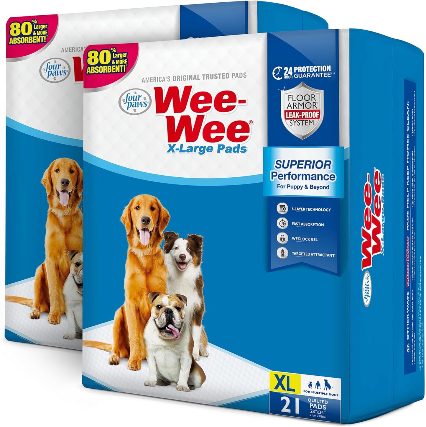 Four Paws Wee-Wee Superior Performance Pee Pads for Large Dogs - Dog & Puppy Pads for Potty Training - Dog Housebreaking & Puppy Supplies - 28" X 34" (21 Count, Pack of 2)