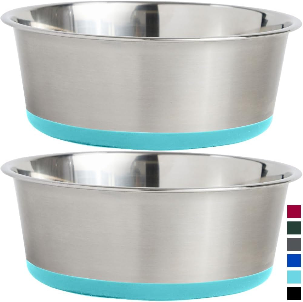 Gorilla Grip Stainless Steel Metal Dog Bowl Set of 2, Rubber Base, Heavy Duty, Rust Resistant, Food Grade BPA Free, Less Sliding, Quiet Pet Bowls for Cats and Dogs, Holds 8 Cups (64 Fl Oz), Turquoise