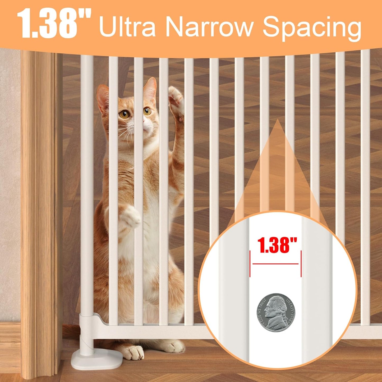 71" High Extra Tall Cat Gate, 33.85-35.43" Wide Cat Safety Gate, 1.34" Extra Narrow Gap, Auto Close, No Drilling, Double Pet Door for Doorways, Kitchen