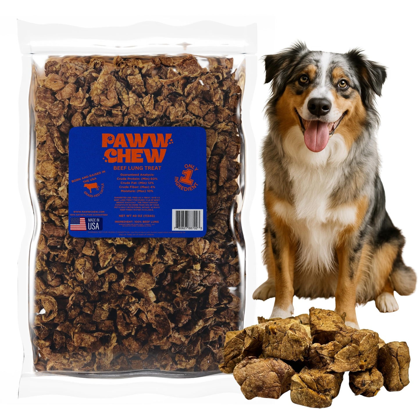 Paww Chew Beef Lung Dog Treats - 100% Natural, Single Ingredient, (2.5 Pound) Made in the USA, Dried & Dehydrated, High Protein High Value Dog Training Treats, Grain Free, Low-Odor Free for All Breeds