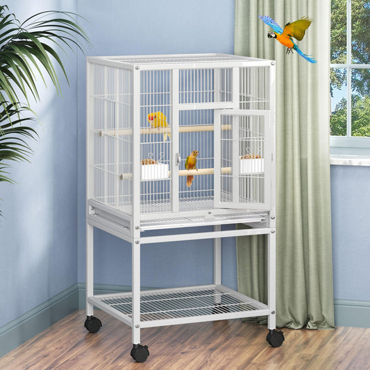 DWVO 41-inch Metal Bird Cage: Large Parrot Cages with Rolling Stand - Features Tray, Food Boxes & Wooden Perches for Parakeets, Lovebirds, Cockatiels, Finches and Pigeons, White